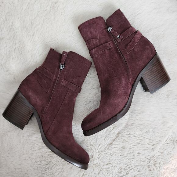 NEW Sam Edelman Simona Block Heel Burgundy Leather Ankle Bootie - Picture 3 of 12